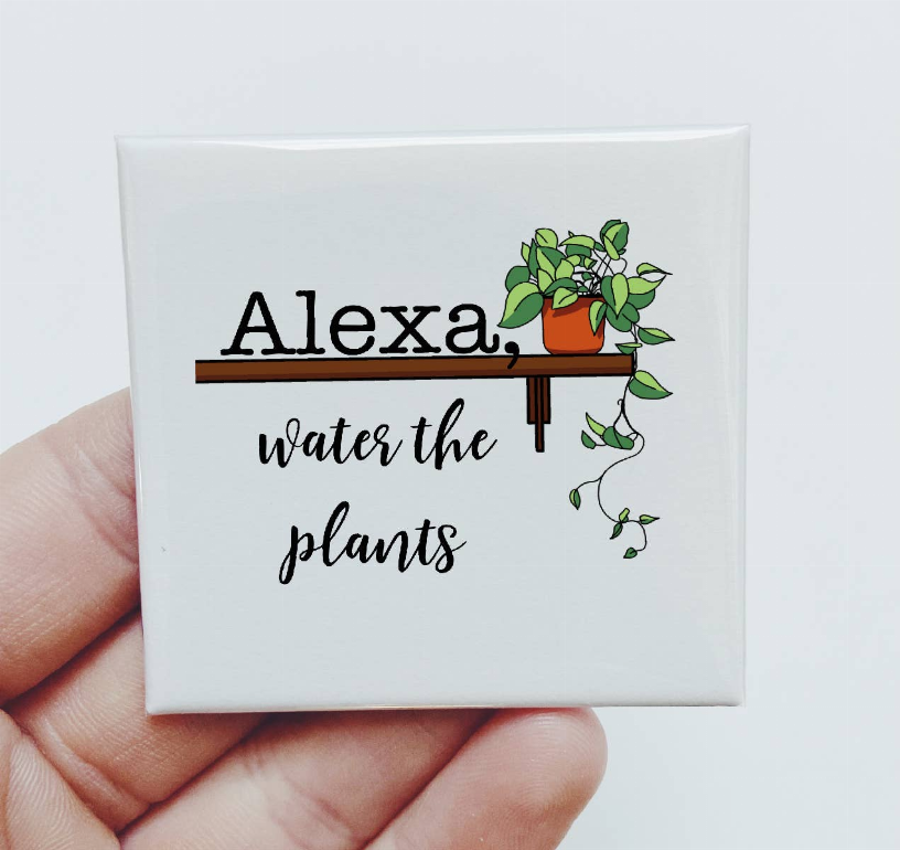 White square greeting card with “Alexa, water the plants” text and plant illustration