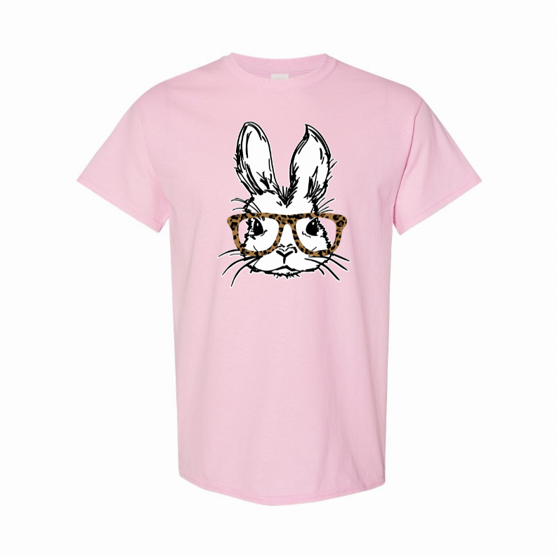 Light pink T-shirt with front bunny face graphic and leopard glasses