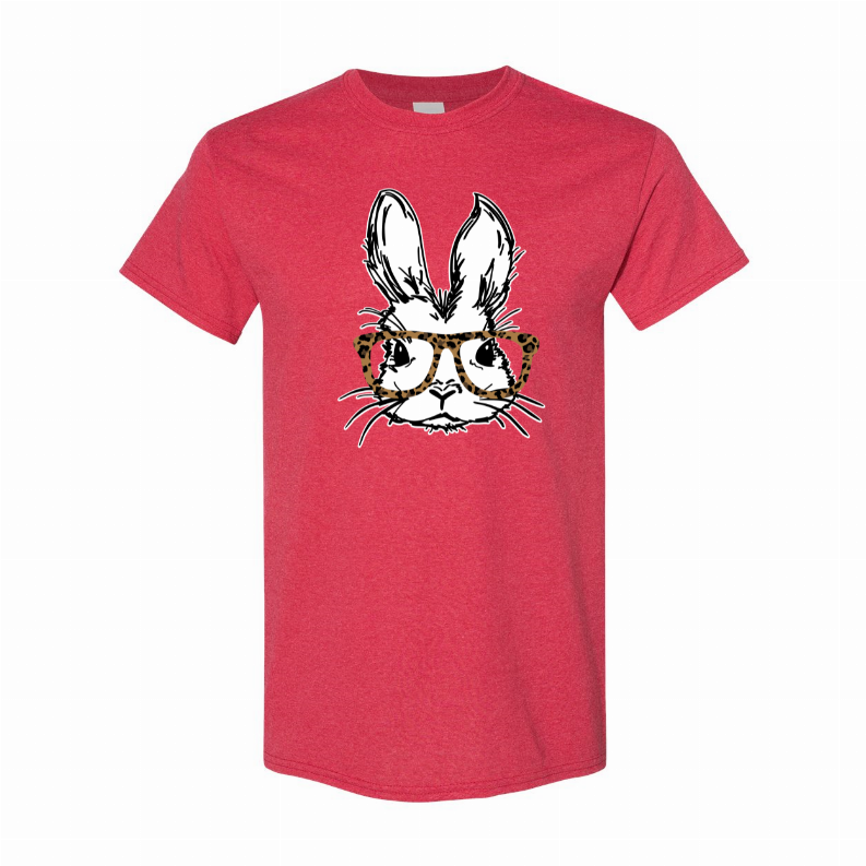 Red crewneck T-shirt with large bunny face wearing leopard glasses print