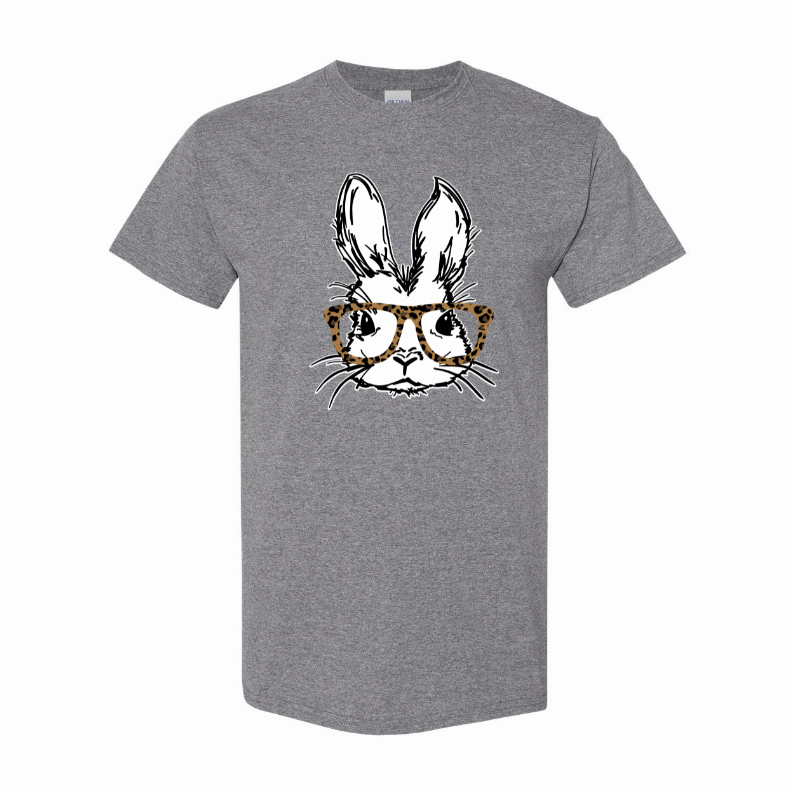 Gray crewneck t-shirt with centered bunny graphic and leopard-print glasses