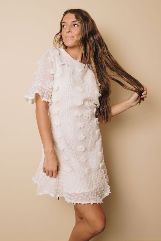 White swiss dot mini dress with short ruffled sleeves, fitted waist, tiered skirt