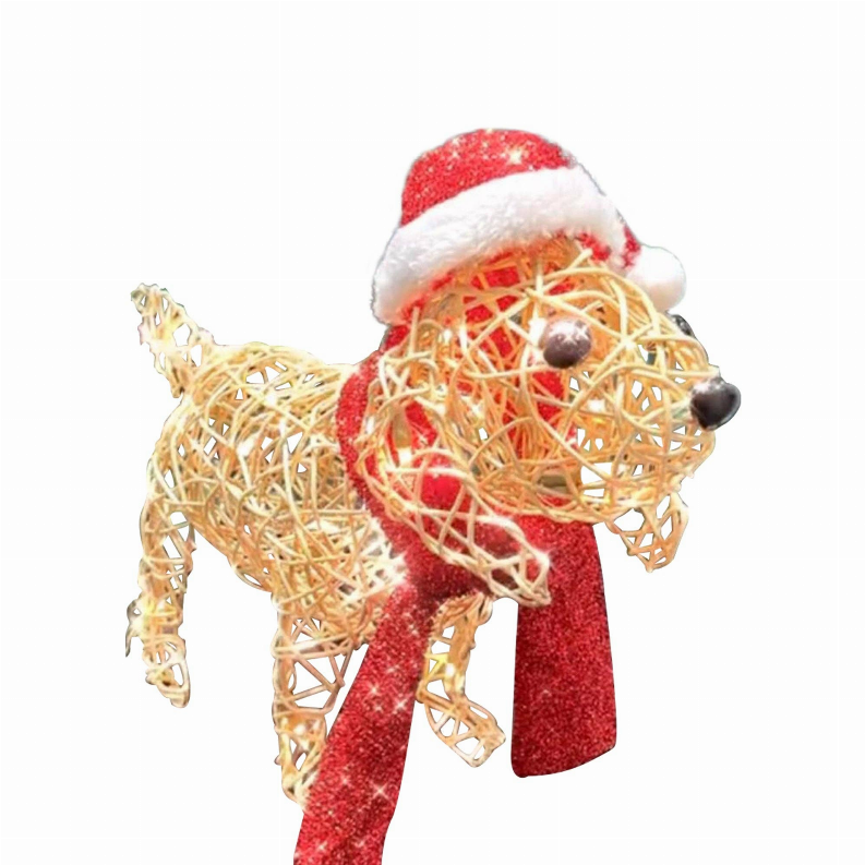 Christmas puppy decoration with Santa hat and red scarf, standing dog figurine