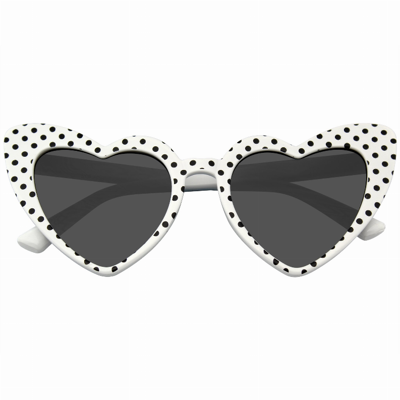 Heart-shaped cat-eye sunglasses with black lenses, white frames with polka-dot print