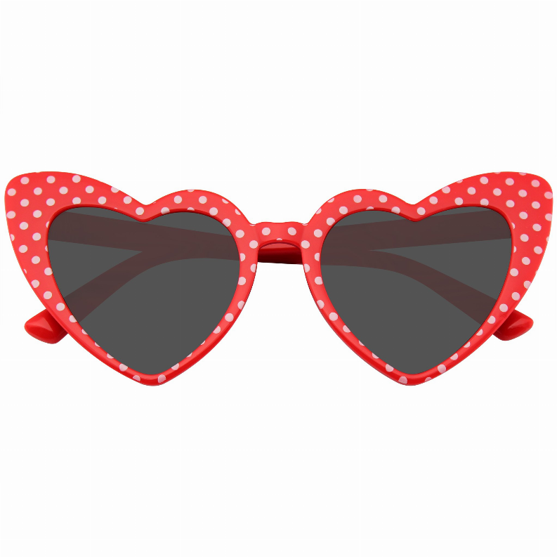 Heart-shaped cat-eye sunglasses with red polka-dot frames and dark tinted lenses