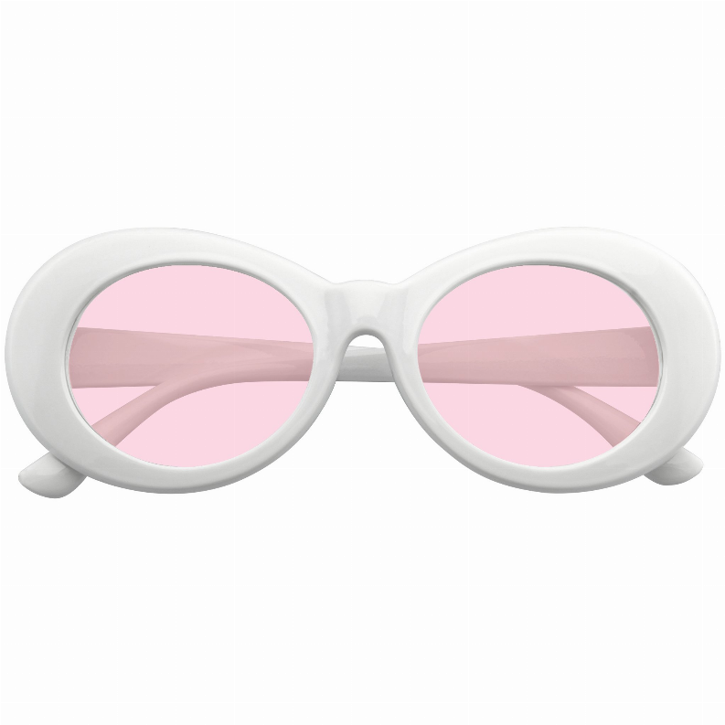 White retro goggle sunglasses with oversized rounded frames and pink tint lenses