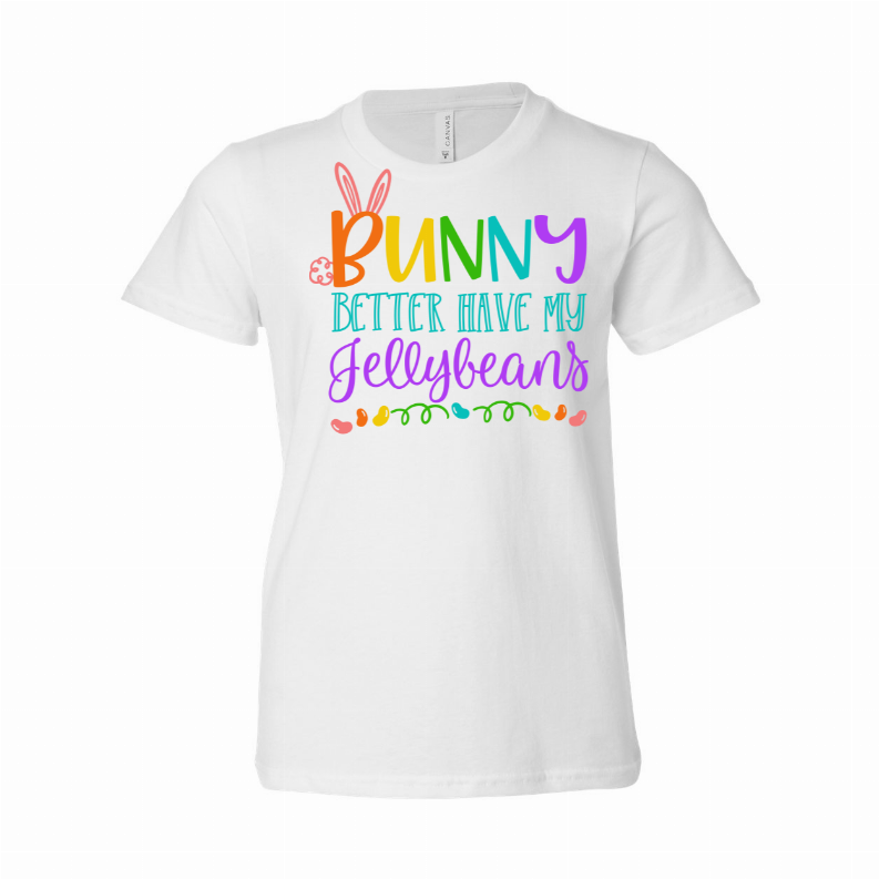White crewneck T-shirt with centered bunny-ear logo and colorful "Jellybeans" print