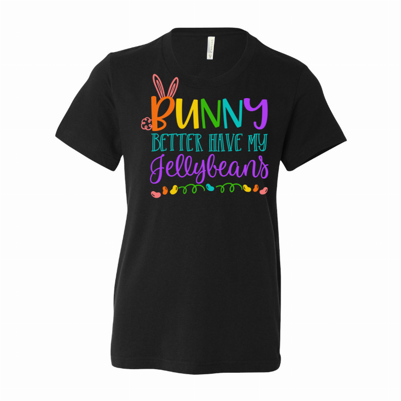 Black crew-neck graphic T-shirt with rainbow bunny 'Jellybeans' print