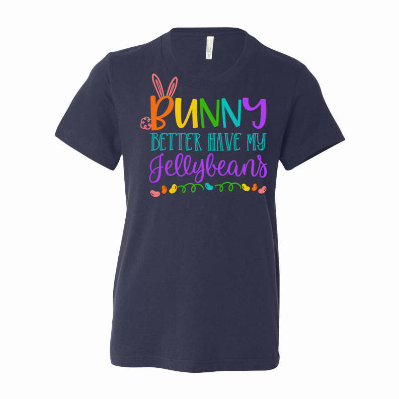 Dark navy crew-neck T-shirt with rainbow bunny and “Jellybeans” text graphic