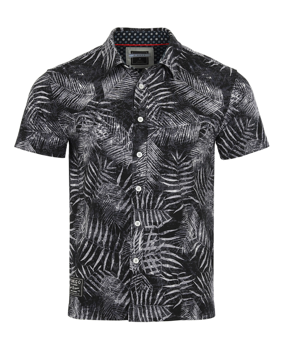 Men's black short-sleeve button-down shirt with white palm leaf print, front buttons