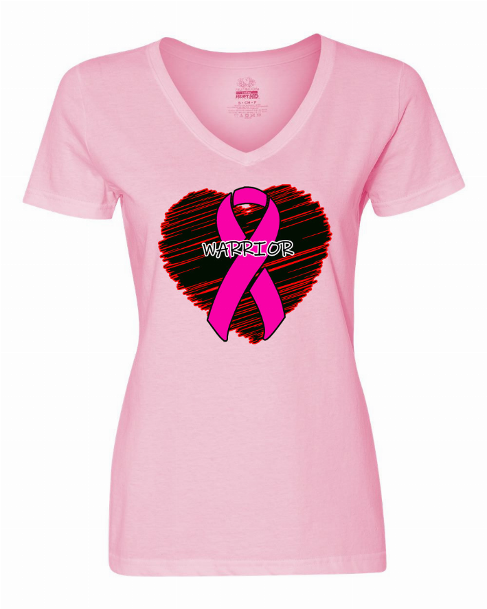 Pink V-neck ladies T-shirt, full front view, Warrior heart graphic with awareness ribbon