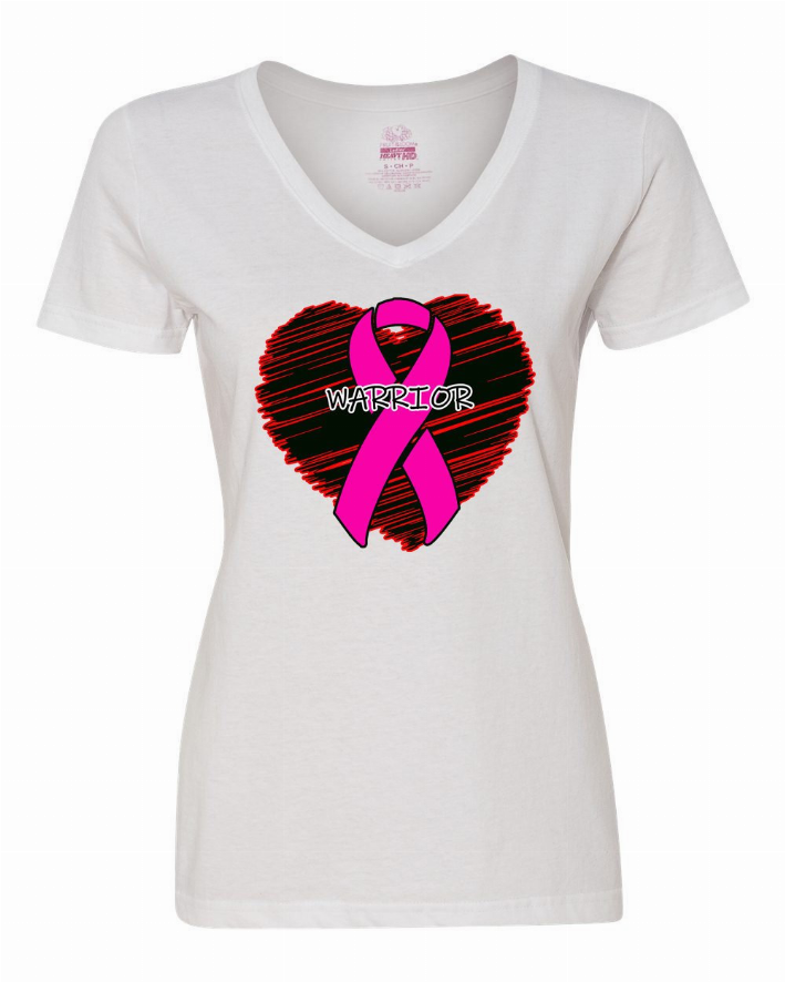White V-neck ladies t-shirt, short sleeves, pink ribbon over red heart Warrior design