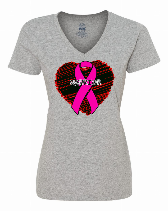 Heather gray short-sleeve V-neck tee with pink ribbon heart design