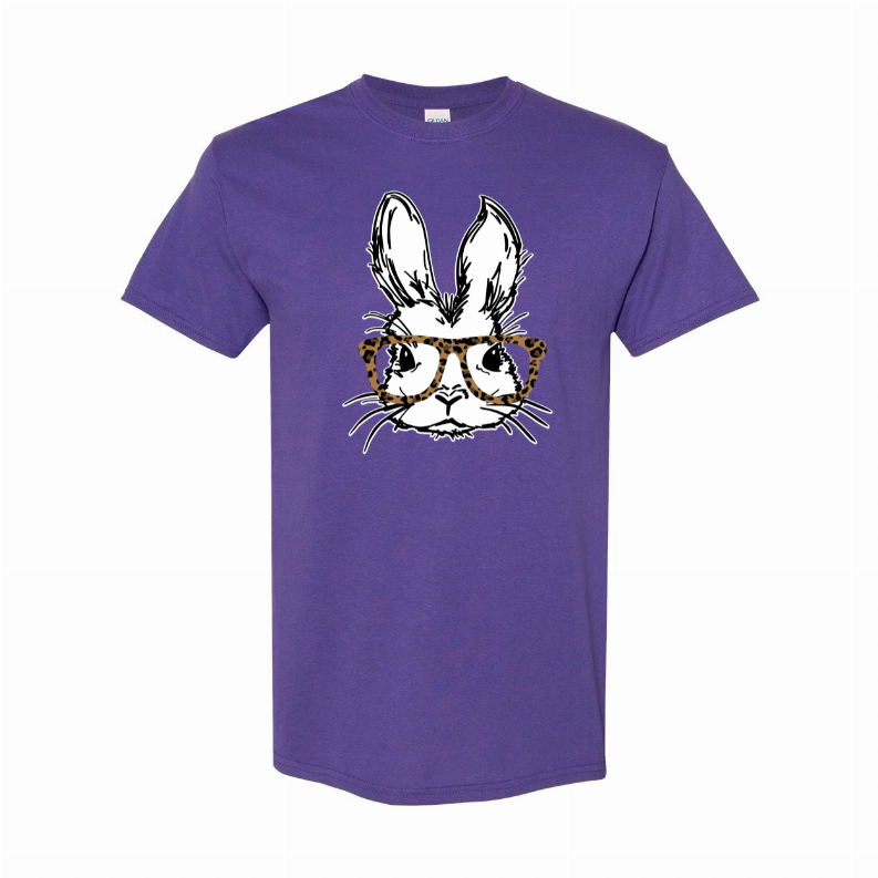 Purple short-sleeve T-shirt featuring a bunny face graphic with leopard-print glasses