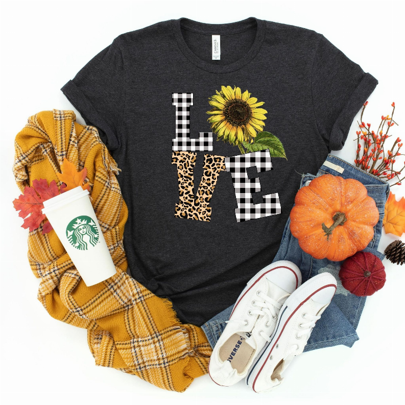Black front graphic T-shirt with sunflower and patchwork letter LOVE design