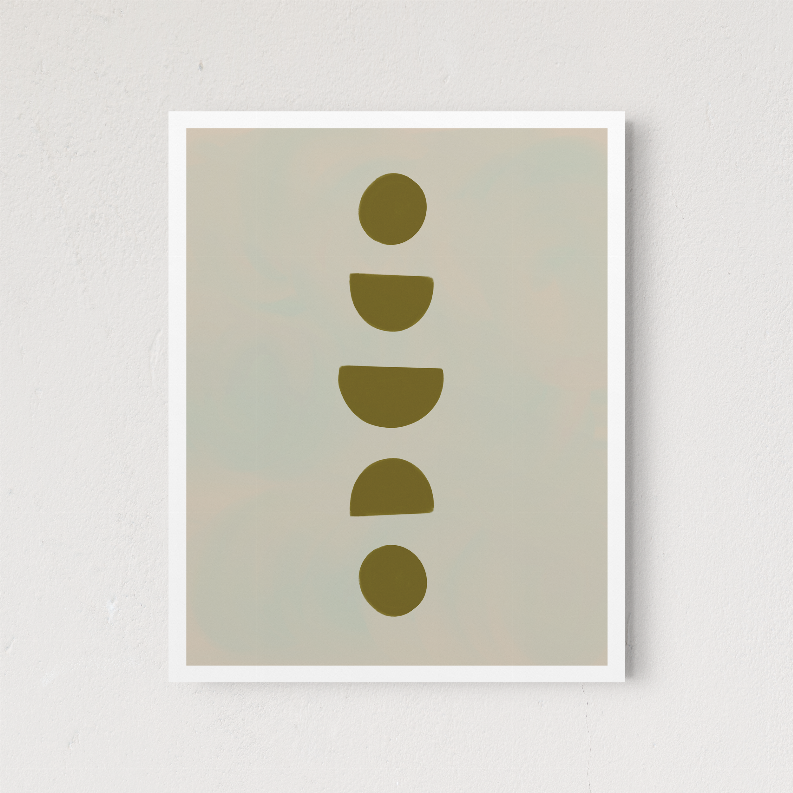 Framed abstract print with vertical column of five rounded shapes in olive