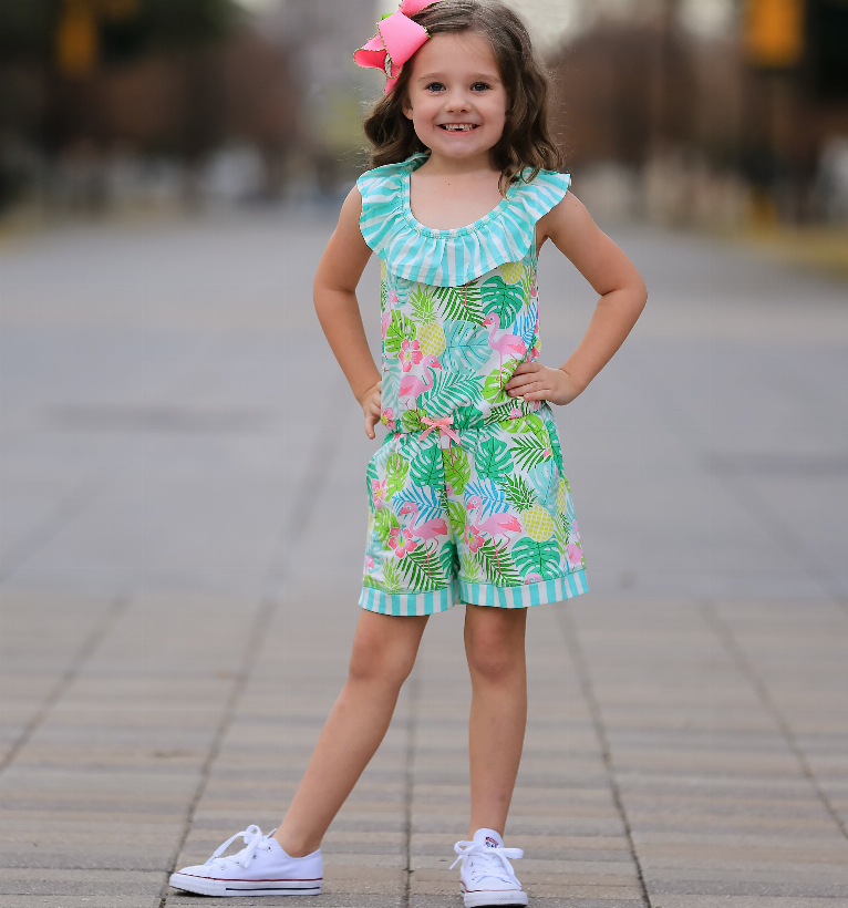 AnnLoren Little & Big Girls Pink Flamingo Palm Tree Kids Shorts Jumpsuit AnnLoren