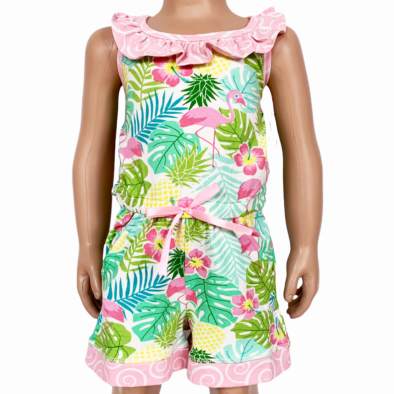 AnnLoren Little & Big Girls Pink Flamingo Palm Tree Kids Shorts Jumpsuit AnnLoren