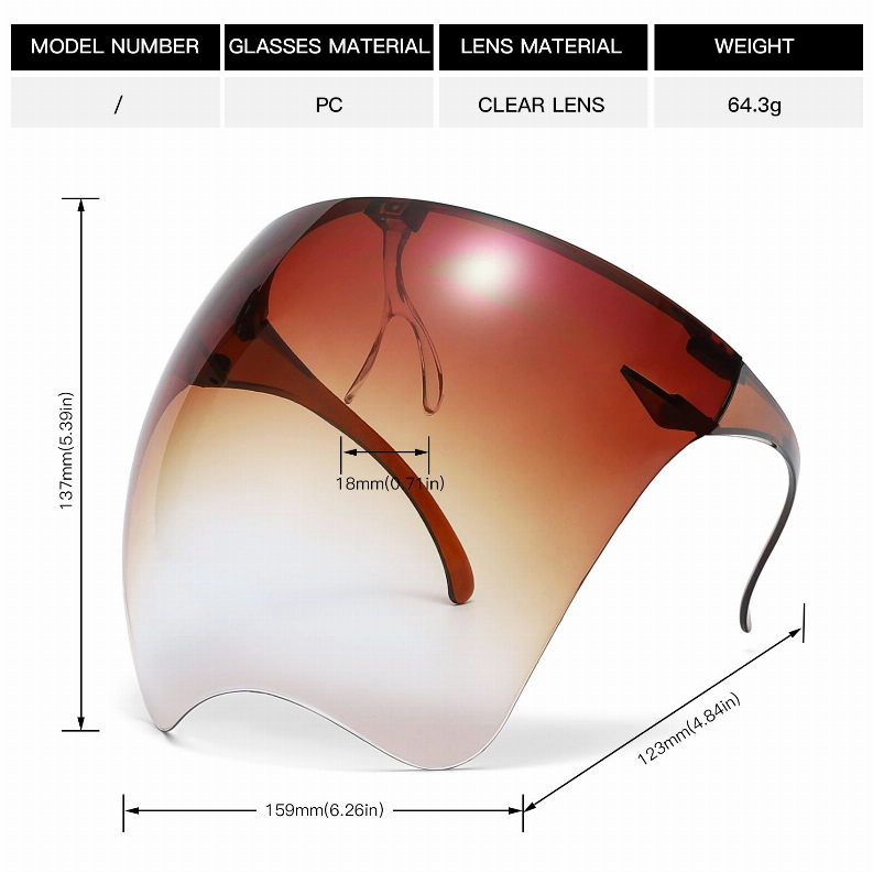 Protective goggles with clear amber lens, shown with size measurements diagram