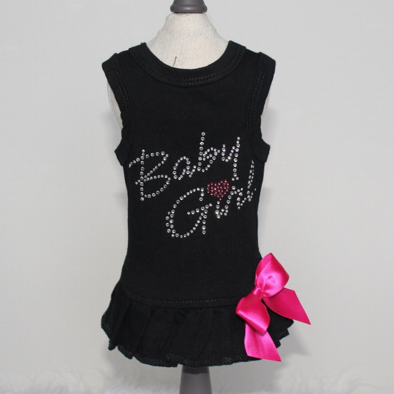 Black sleeveless baby dress with rhinestone 'Beauty' lettering and pink side bow