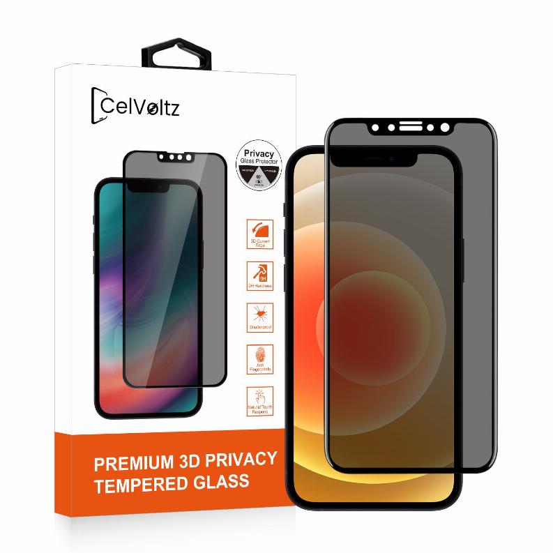 Privacy tempered glass screen protector package with two rounded glass pieces, dark tint