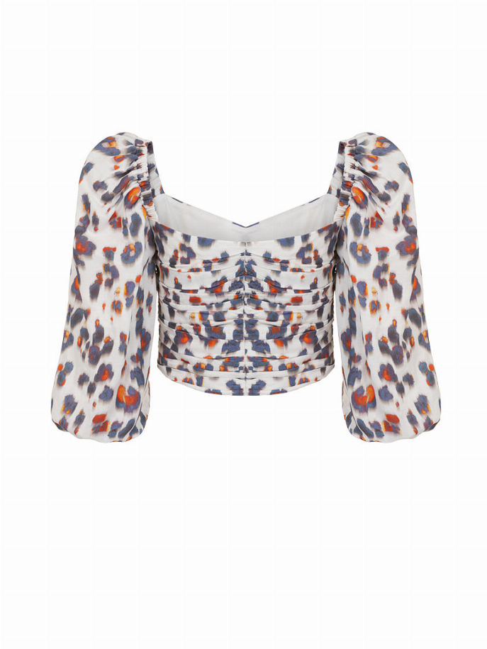Leopard-print cropped top with ruched front panel and long puff sleeves