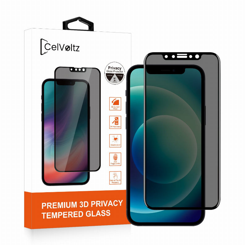 Privacy tempered glass screen protector box showing front and screen-cover views
