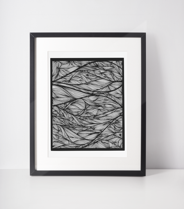 Rectangle wall art print in black frame with monochrome leaf feather pattern