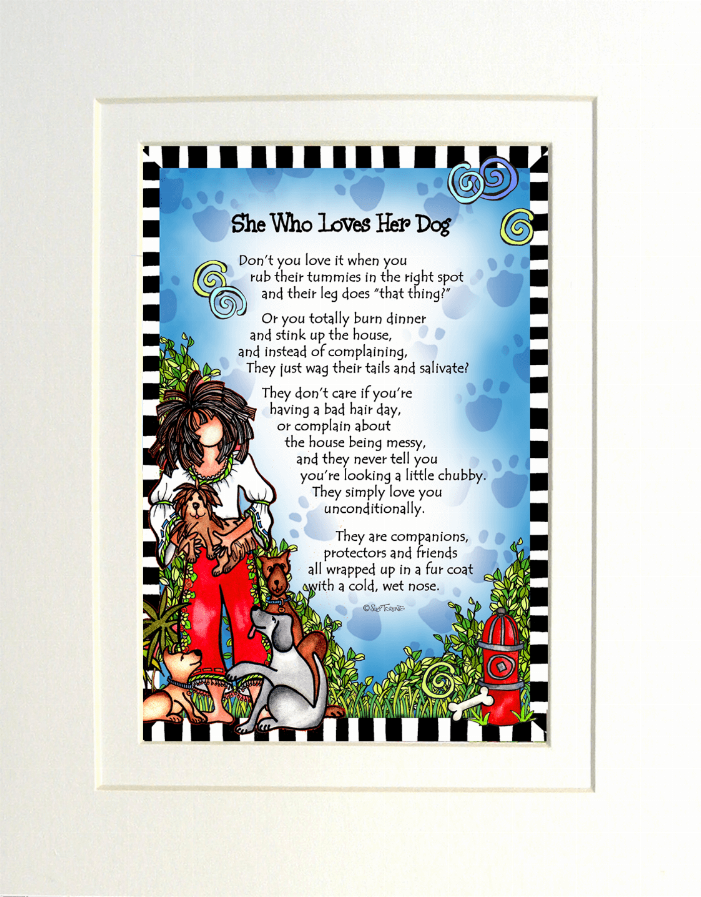 Framed cartoon dog lovers print with blue paw pattern, green grass, red gift box
