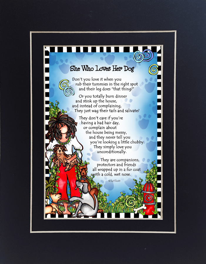Framed dog-lovers quote wall art with girl hugging a white dog, blue background border