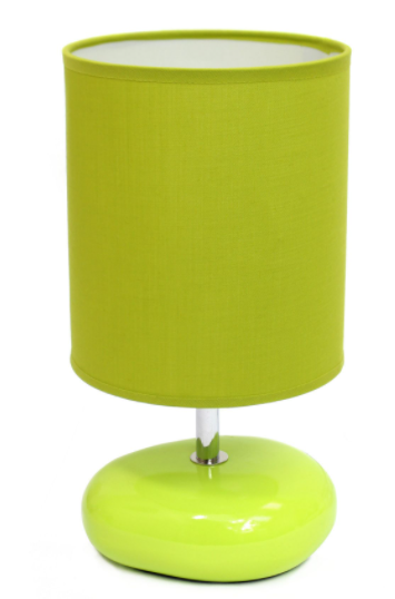 Small table lamp with lime green textured fabric shade and glossy base, chrome stem