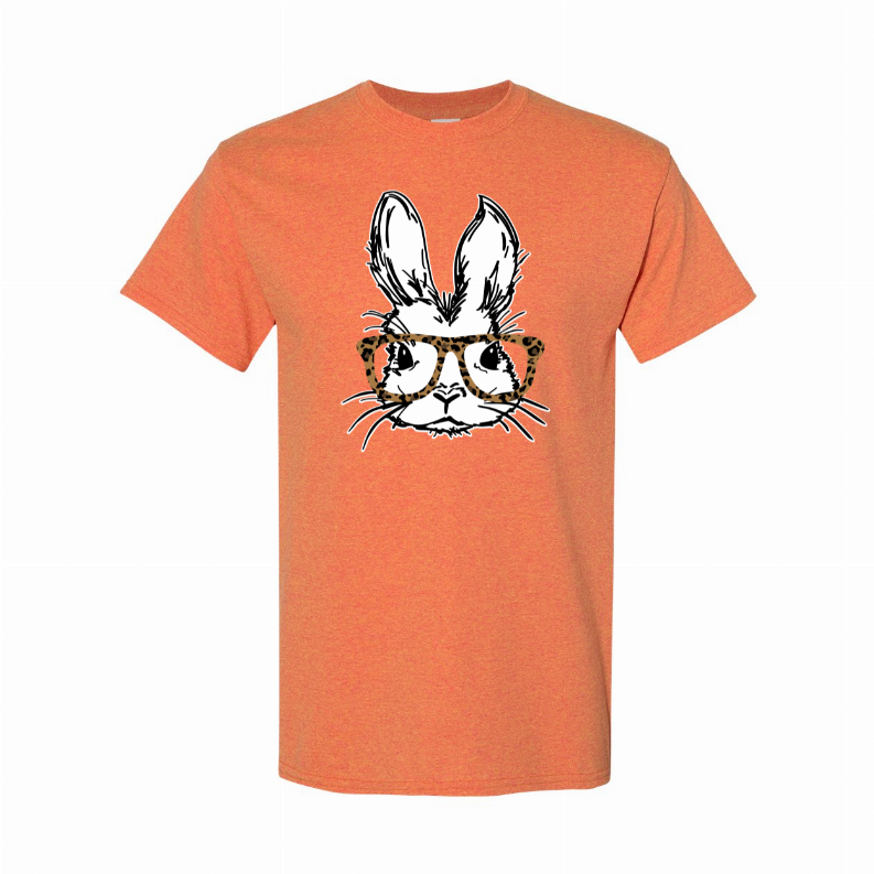Orange crewneck T-shirt with centered bunny face graphic and leopard glasses