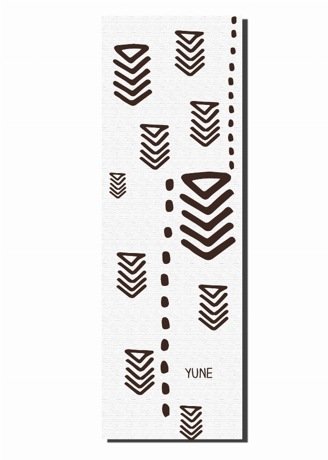 Yoga mat panel with dark chevron icons, dotted line accents, YUNE logo on gray
