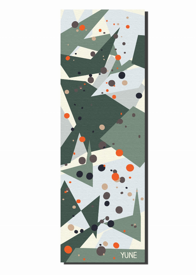 Yoga mat, green/gray abstract geometric pattern with multicolor dots (Basalt design)