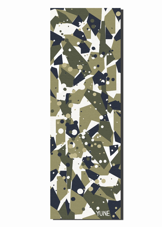 Yoga mat with olive, navy and white granite camo design; 'YONE' logo at bottom