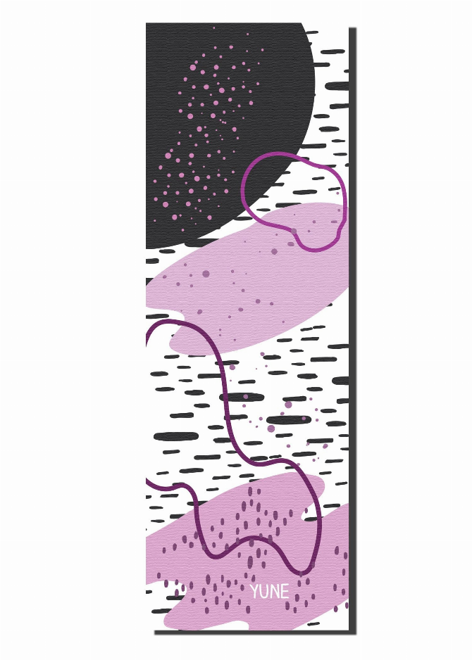 Yoga mat with abstract purple rock print and black line pattern