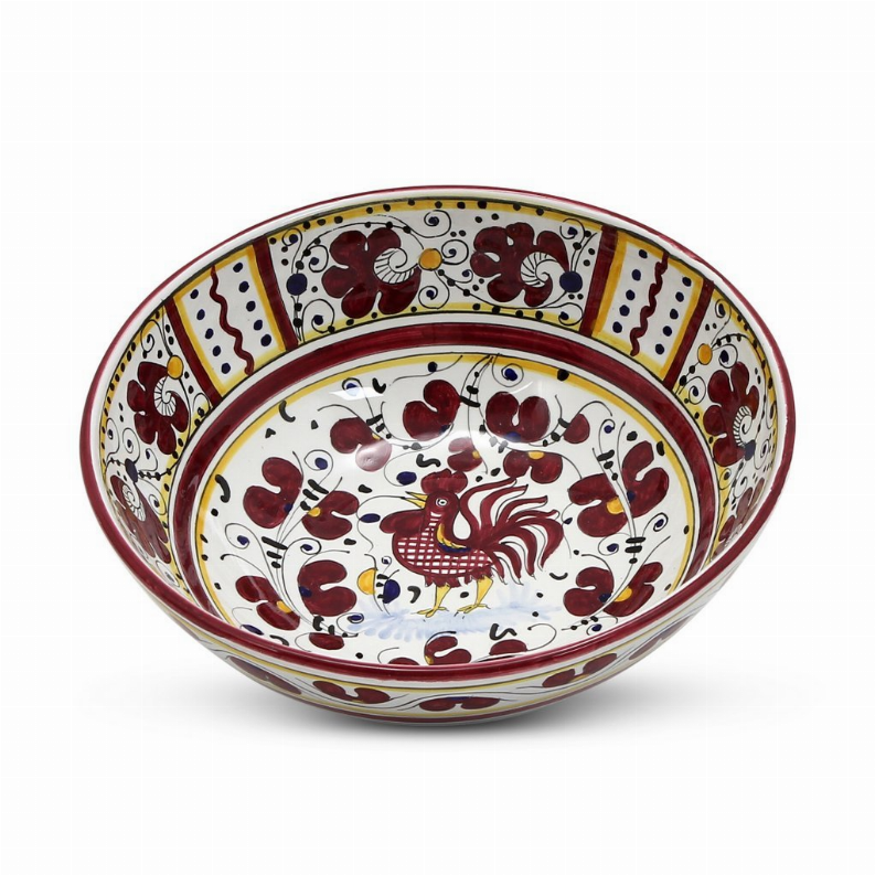 Decorative ceramic serving bowl with red rooster, hearts, and colorful geometric border