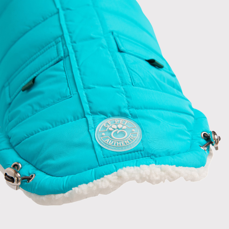 GF Pet winter sailor parka: turquoise quilted puffer with faux shearling edge, logo patch, clips