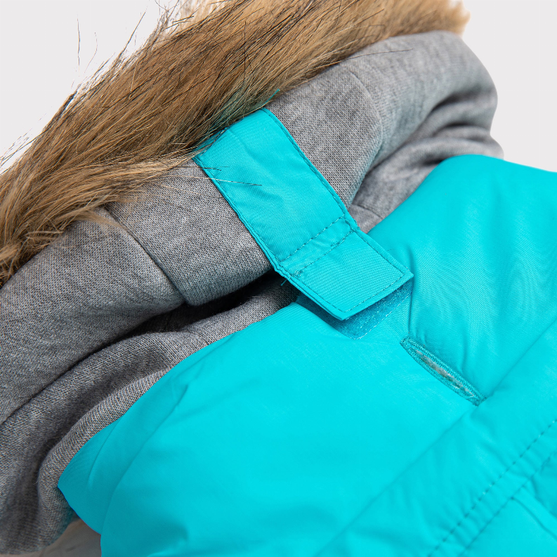 Blue winter dog parka close-up of hood, gray lining, and tan faux-fur trim at the neck.
