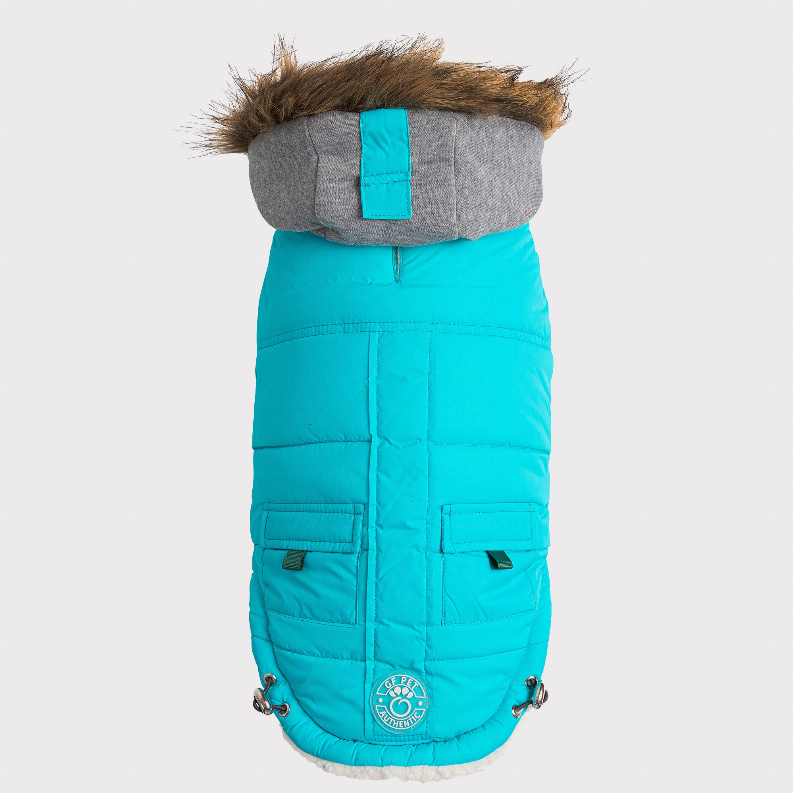 Turquoise pet winter parka with gray hood, faux-fur trim, and front snap placket