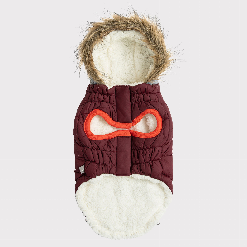 Back view: maroon dog winter parka with gray faux-fur hood and orange harness cutout.
