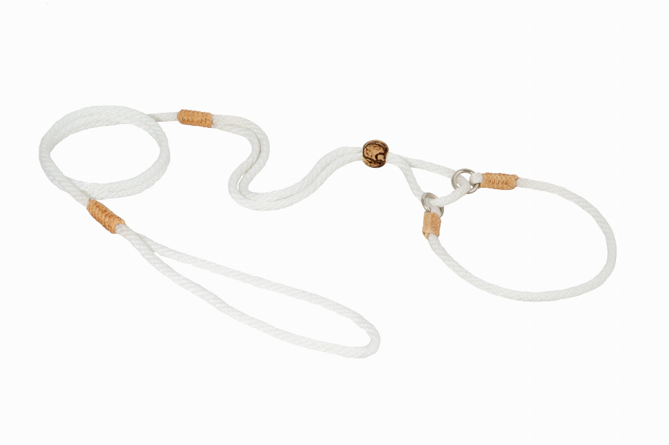 Nylon martingale dog lead with long light gray rope, tan leather stops, metal rings