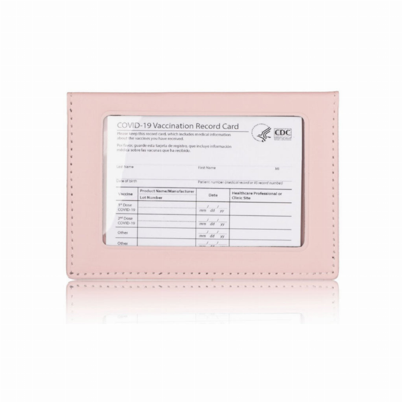 Pink 2-in-1 vaccination card and ID holder with clear window showing record card