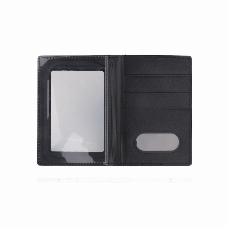 Black 2-in-1 vaccination card and ID holder open with card slot and ID pocket