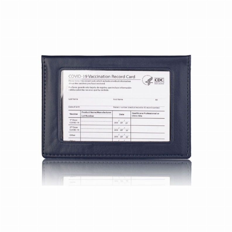 Dark blue vaccination record holder with clear window and printed card, stitched