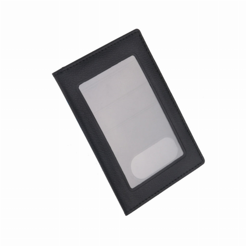 Black vaccination and ID card holder with clear window and smooth leather-like cover
