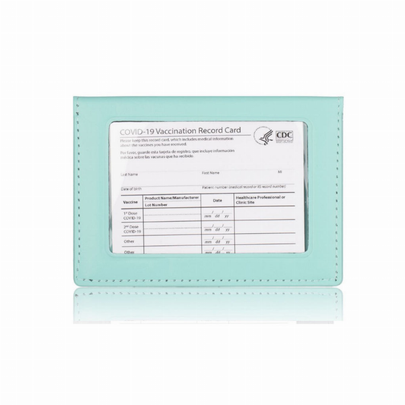 Mint teal vaccination and ID card holder with clear pocket showing vaccination record card