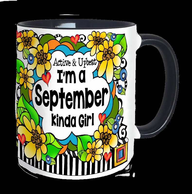White ceramic mug with floral hearts and 'I'm September Kinda Girl' text.