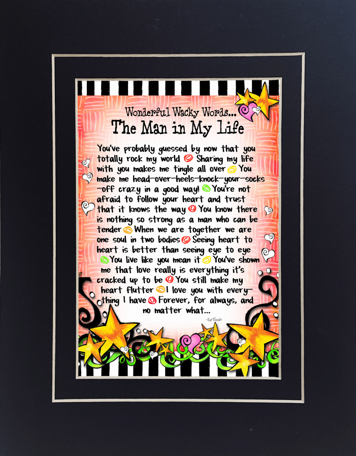 Framed wall art reading “The Man in My Life” with stars and hearts