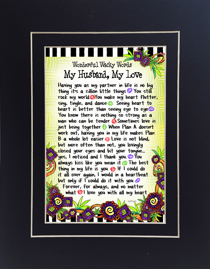 Framed relationship-themed quote wall art with colorful floral border and green text