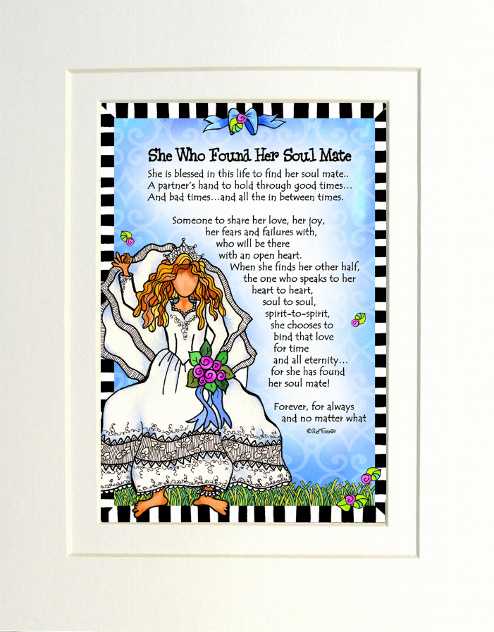 Relationship-themed Gifty art, framed poem artwork featuring a woman holding purple flowers